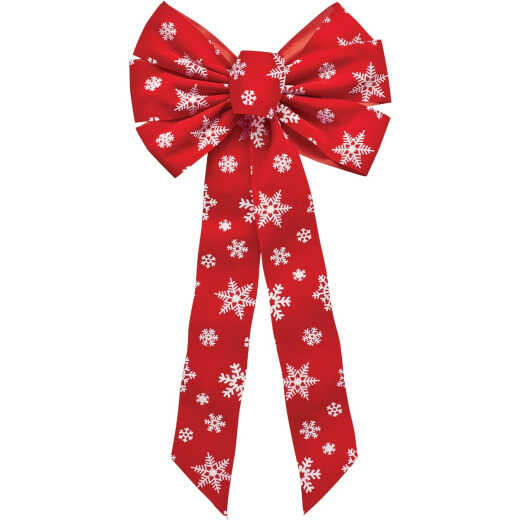 Holiday Trims 7-Loop 12 In. W. x 26 In. L. Red Velvet Christmas Bow with White Snowflakes